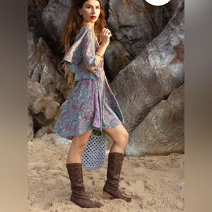 Boho Silk Blend Paisley V-Neck Women's Dress